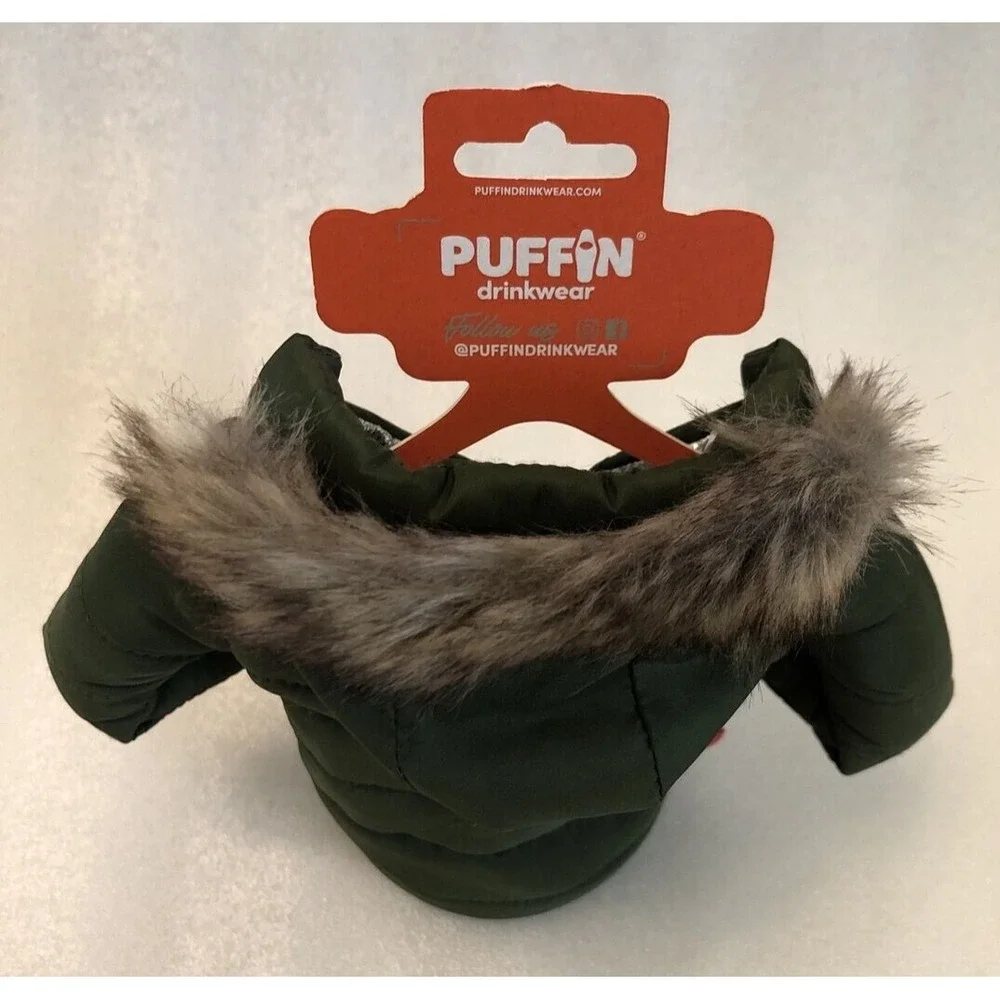 Puffin drinkwear Drink Parka Jacket Koozie The Pahka Olive Green w/ Fur Hood NEW